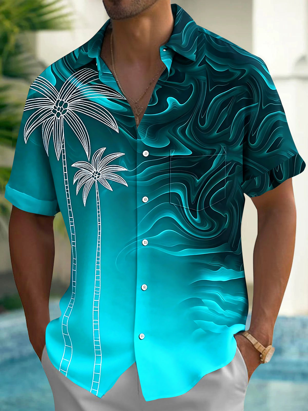 Adaychic Men's Hawaiian Palm Tree Outline Print Short Sleeve Shirt with Chest Pocket