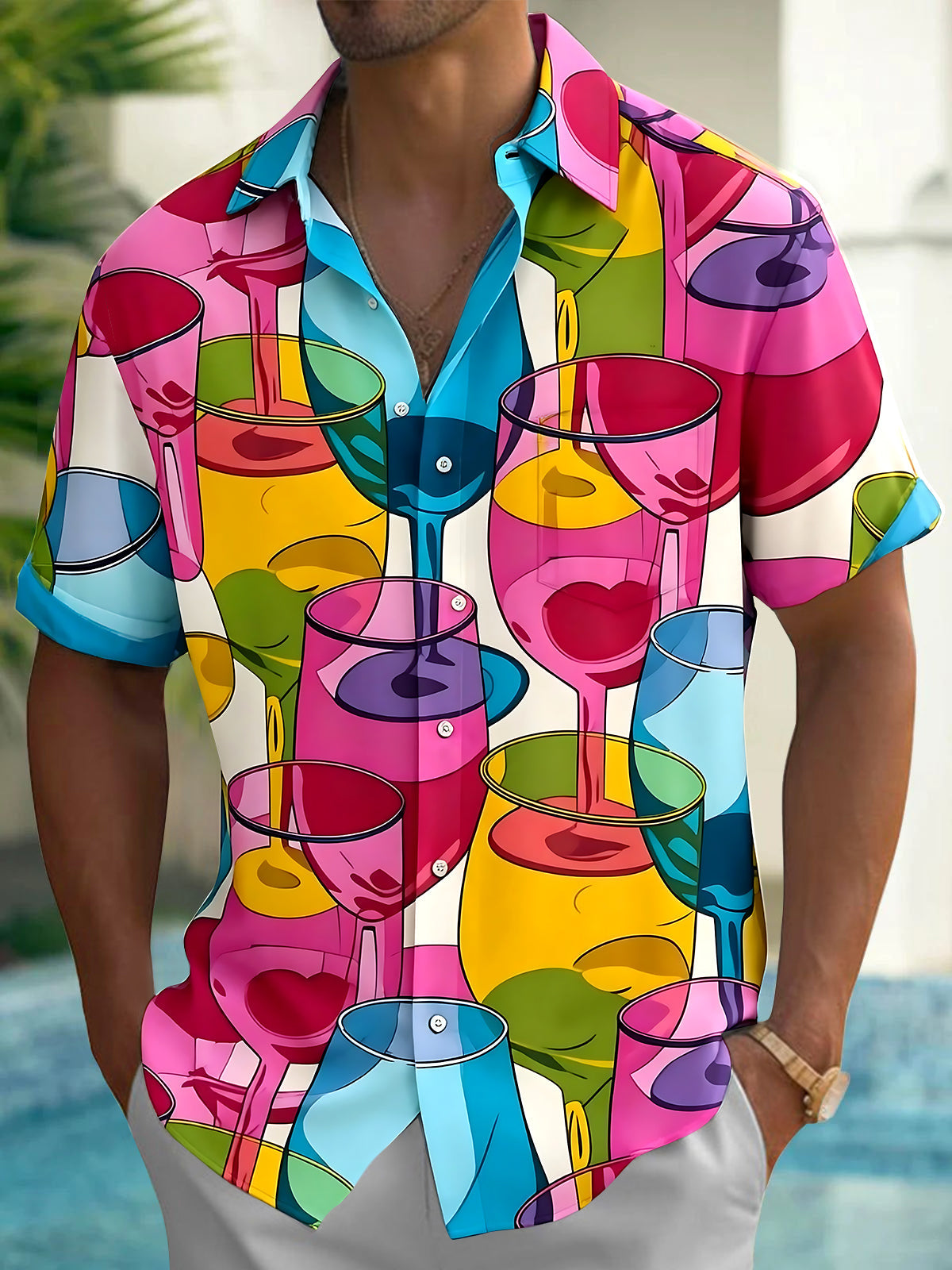 Adaychic Men's Graphic Colorful Wine Glasses Print Short Sleeve Shirt with Chest Pocket