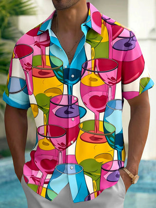 Adaychic Men's Graphic Colorful Wine Glasses Print Short Sleeve Shirt with Chest Pocket