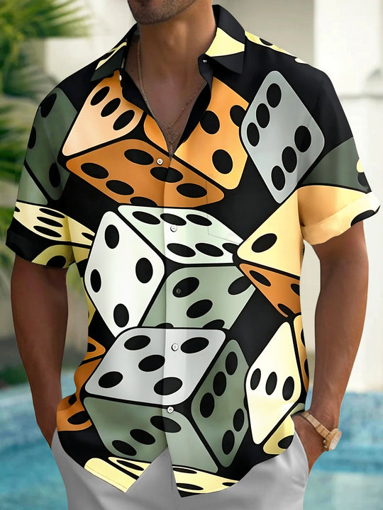 Adaychic Men's Hawaiian Dice Pattern Casual Vacation Print Short Sleeve Shirt with Chest Pocket
