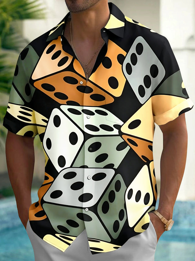 Adaychic Men's Hawaiian Dice Pattern Casual Vacation Print Short Sleeve Shirt with Chest Pocket