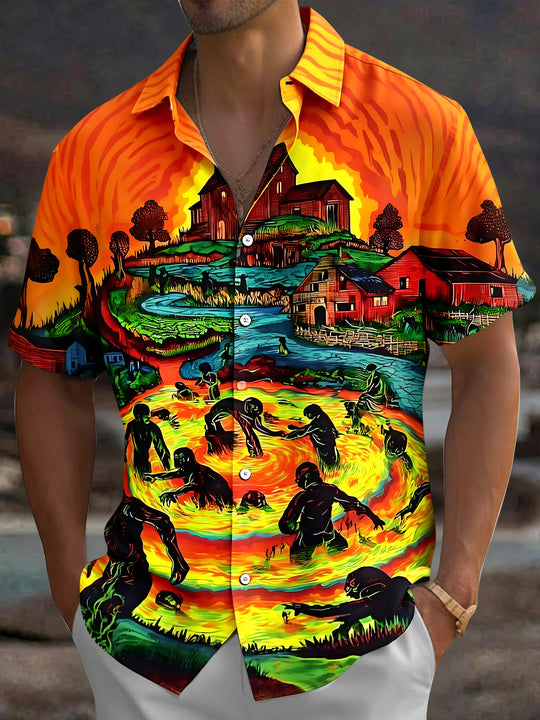Adaychic Men's Graphic Halloween Print Apocalypse Print Short Sleeve Shirt with Chest Pocket