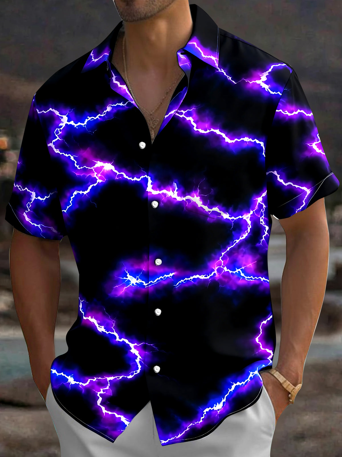 Adaychic Men's Abstract Purple Lightning Bolt Print Short Sleeve Shirt with Chest Pocket