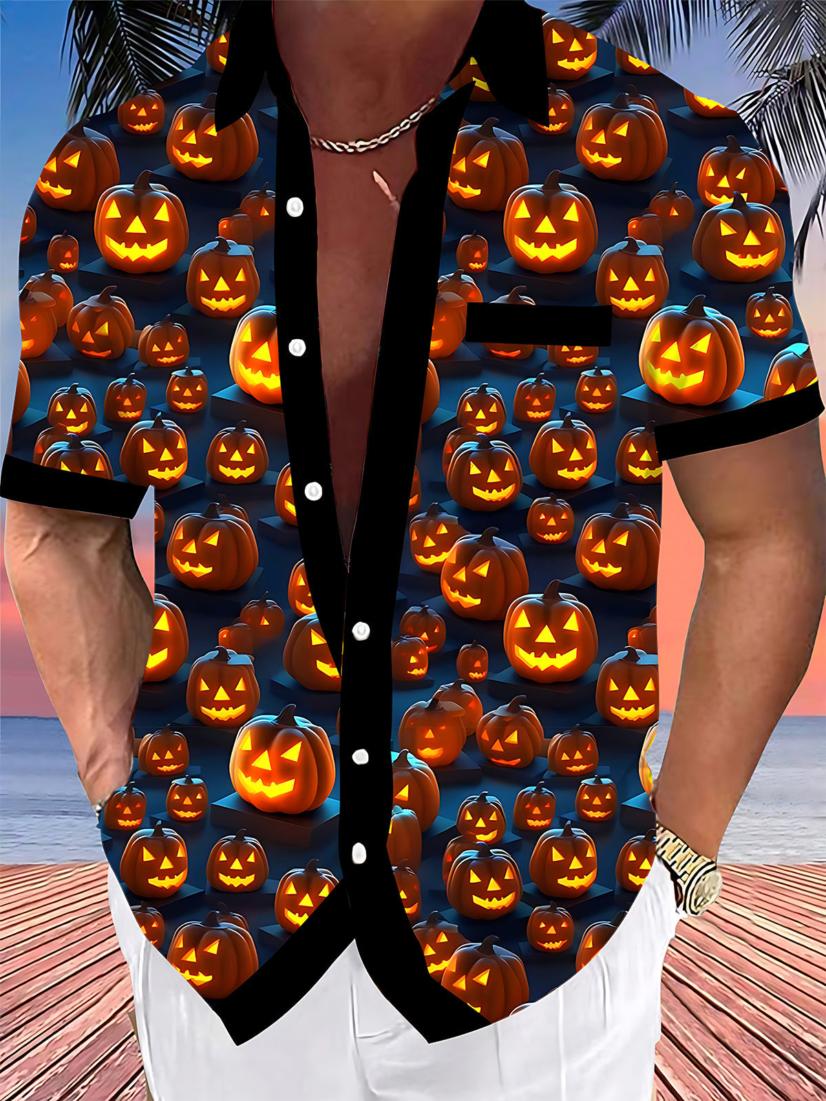 Adaychic Men's Graphic Halloween Jack-o-lantern Print Short Sleeve Shirt with Chest Pocket