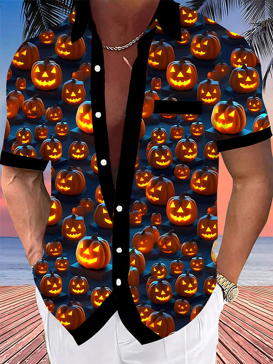 Adaychic Men's Graphic Halloween Jack-o-lantern Print Short Sleeve Shirt with Chest Pocket