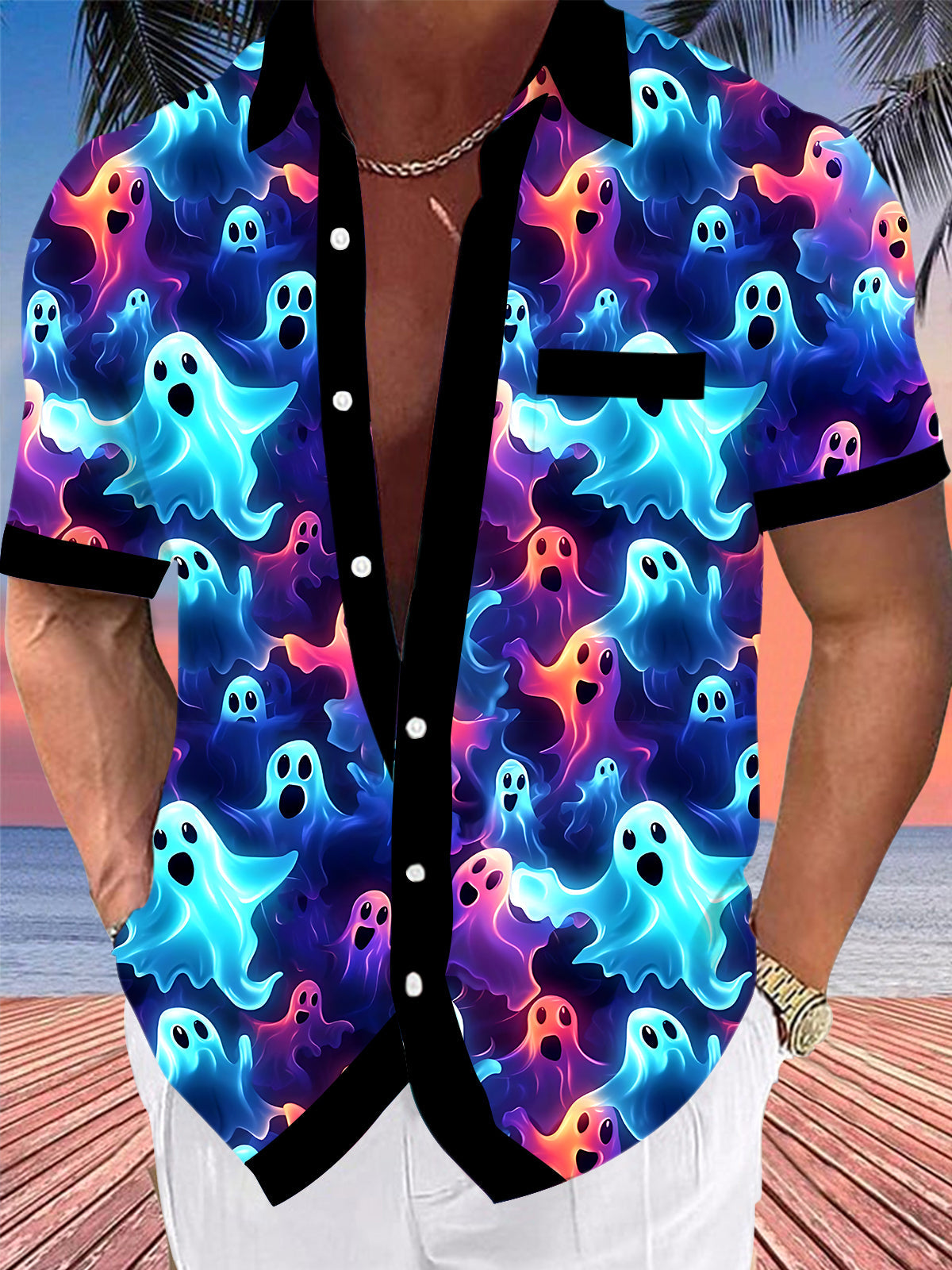 Adaychic Men's Hawaiian Ghost Pattern Neon Ghosts Print Short Sleeve Shirt with Chest Pocket