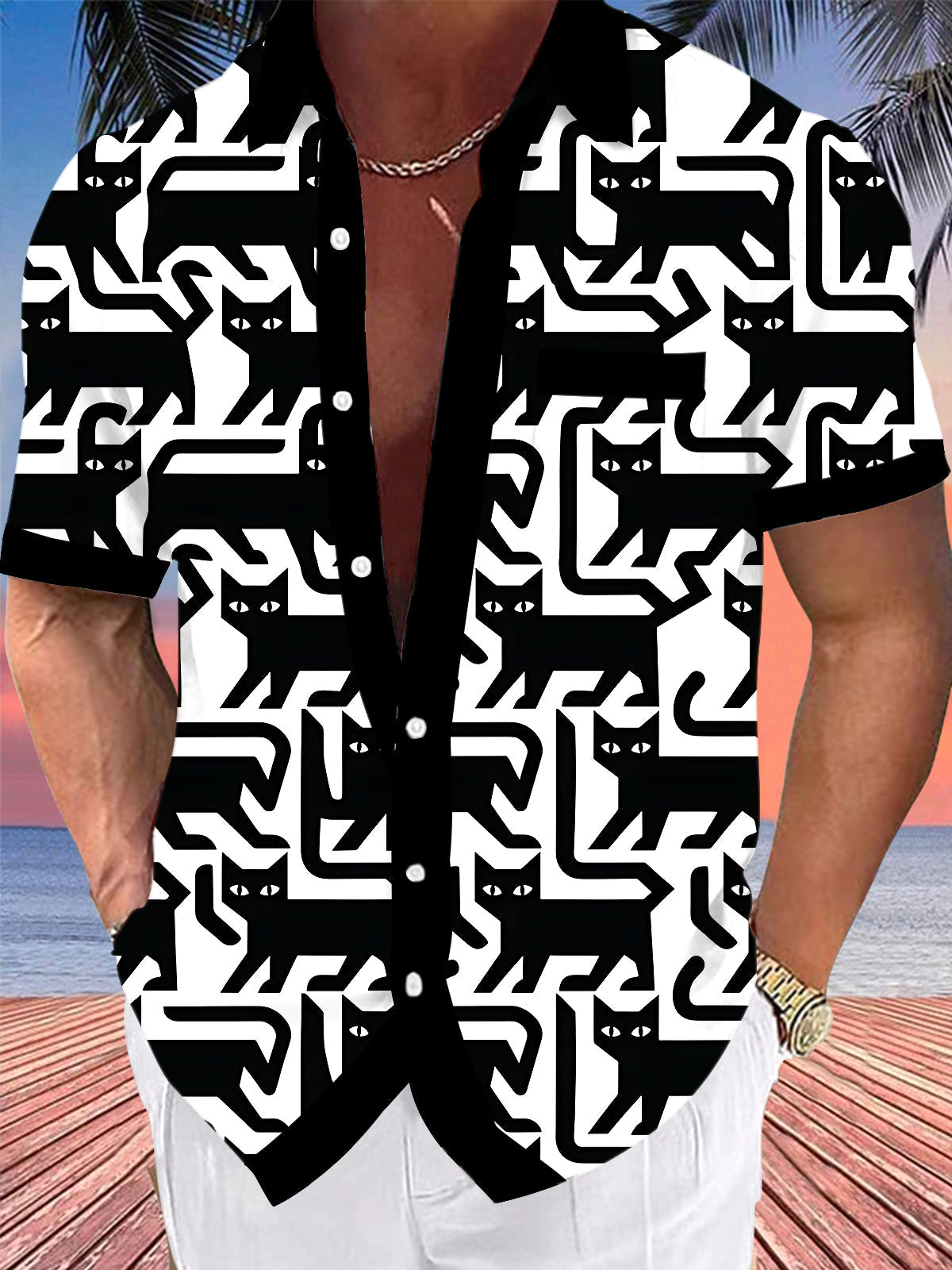Adaychic Men's Graphic Black Cat Pattern Halloween Cat Print Short Sleeve Shirt with Chest Pocket