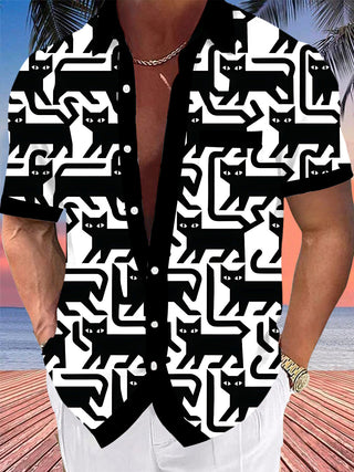 Adaychic Men's Graphic Black Cat Pattern Halloween Cat Print Short Sleeve Shirt with Chest Pocket