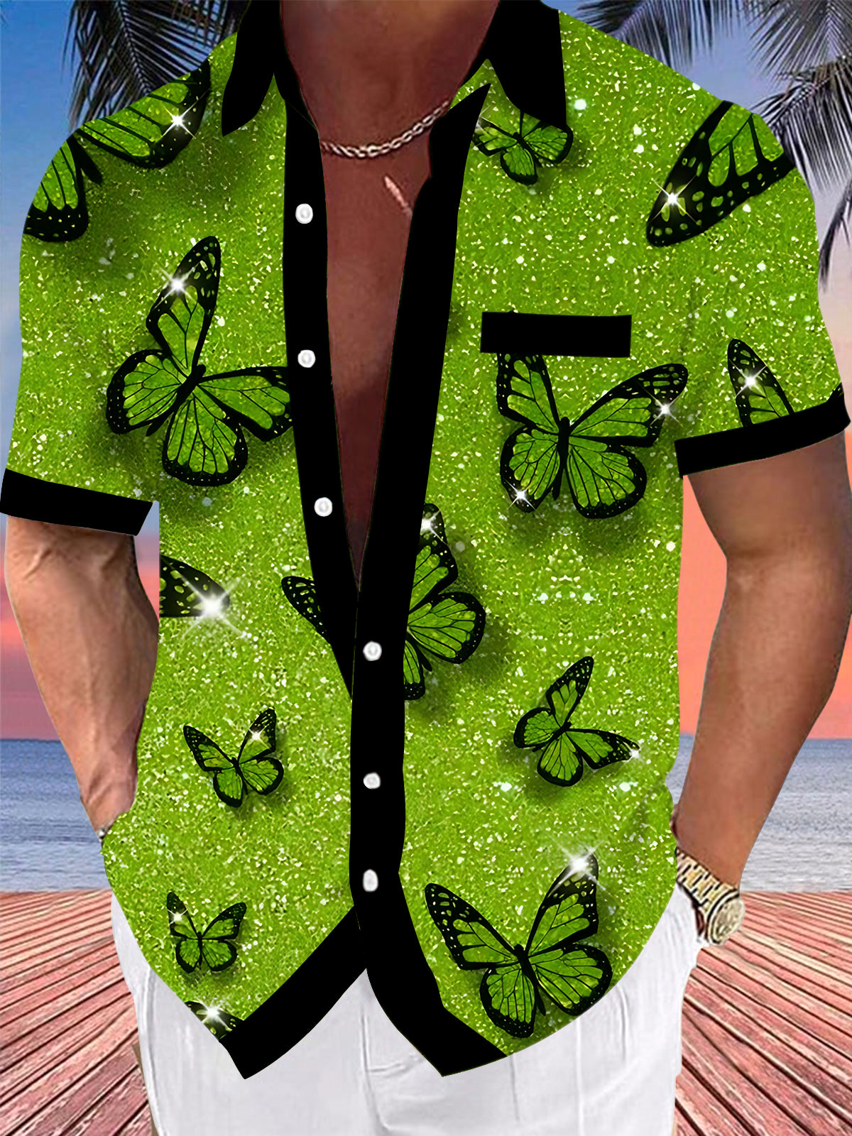 Adaychic Men's Hawaiian Green Glitter Butterfly Pattern Short Sleeve Shirt with Chest Pocket