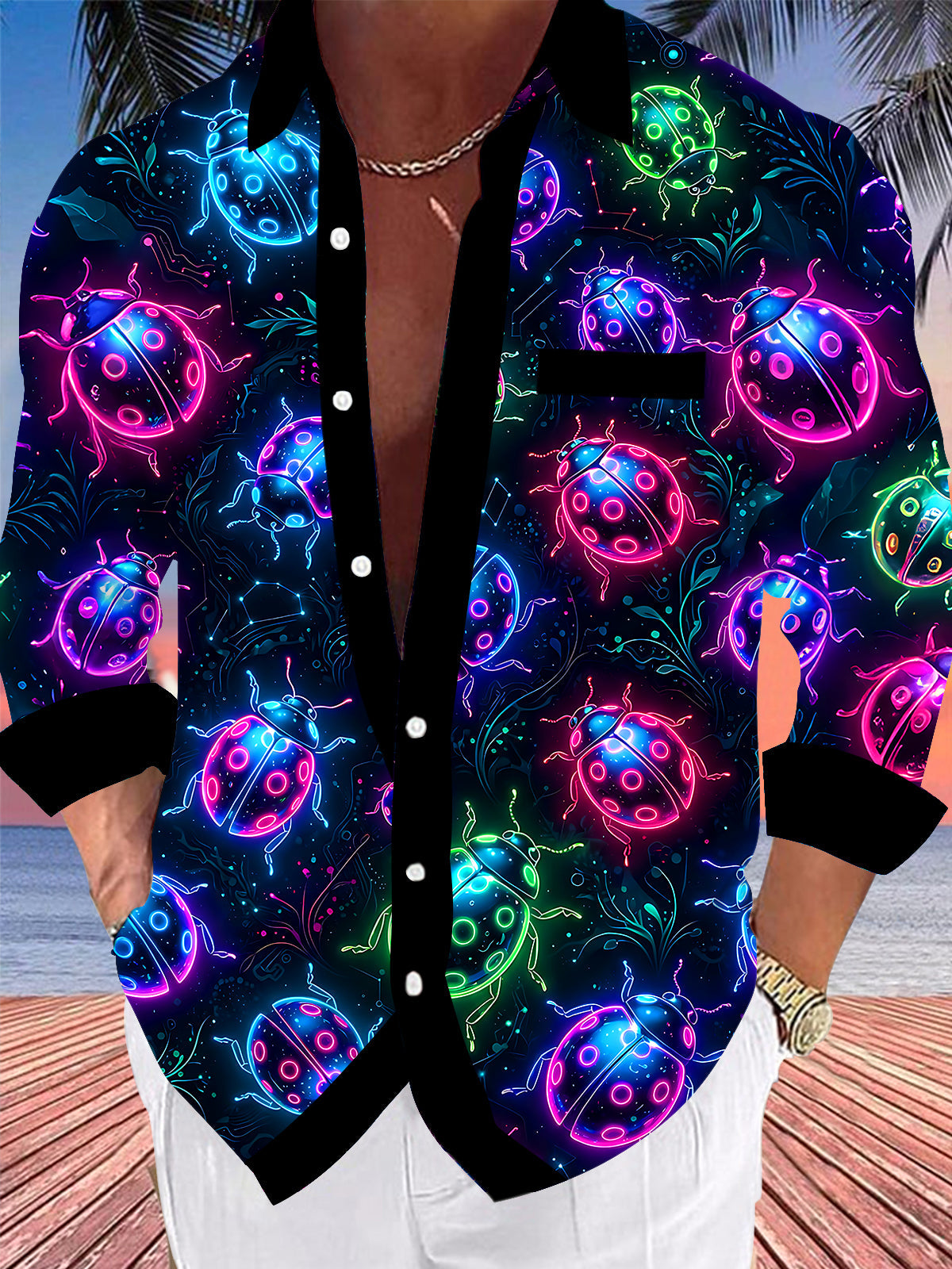 Adaychic Men's Graphic Neon Ladybug Print Long Sleeve Shirt with Chest Pocket