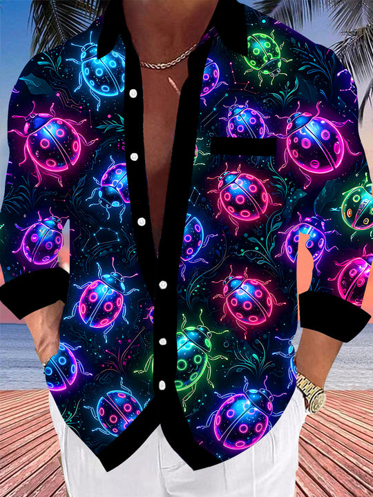 Adaychic Men's Graphic Neon Ladybug Print Long Sleeve Shirt with Chest Pocket