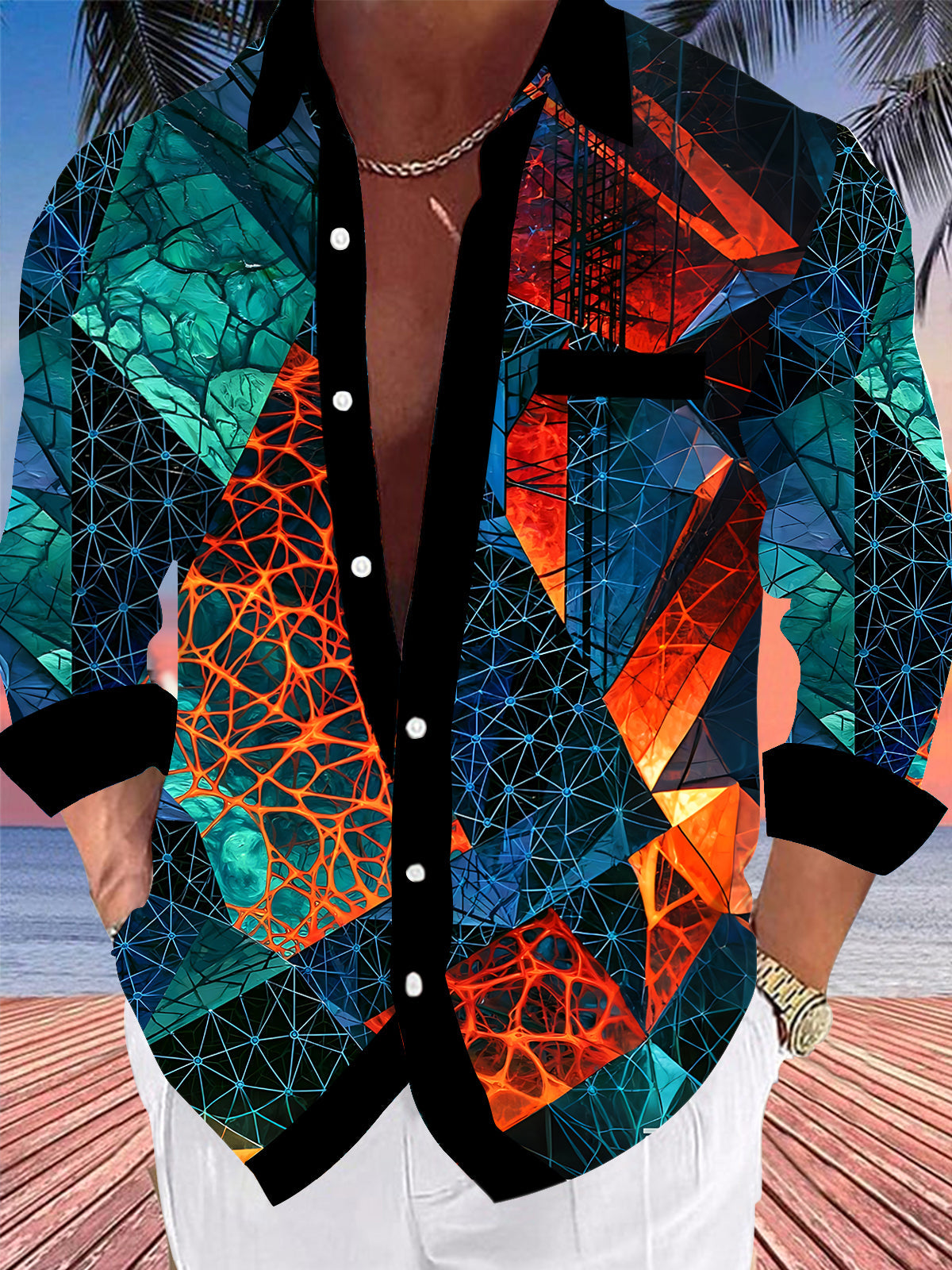 Adaychic Men's Graphic Abstract Geometric Pattern Long Sleeve Shirt with Chest Pocket