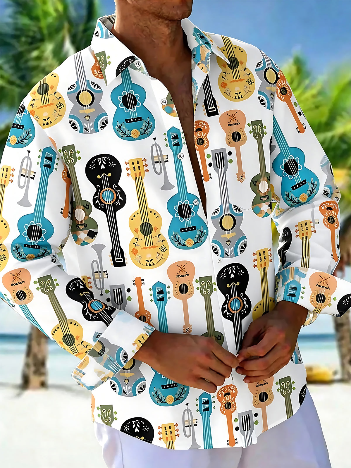 Adaychic Men's Graphic Musical Instruments Print Guitar Print Long Sleeve Shirt with Chest Pocket