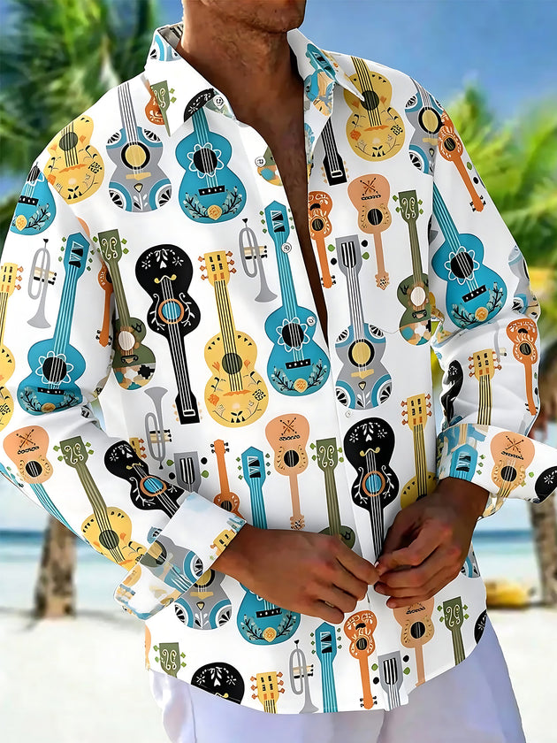 Adaychic Men's Graphic Musical Instruments Print Guitar Print Long Sleeve Shirt with Chest Pocket