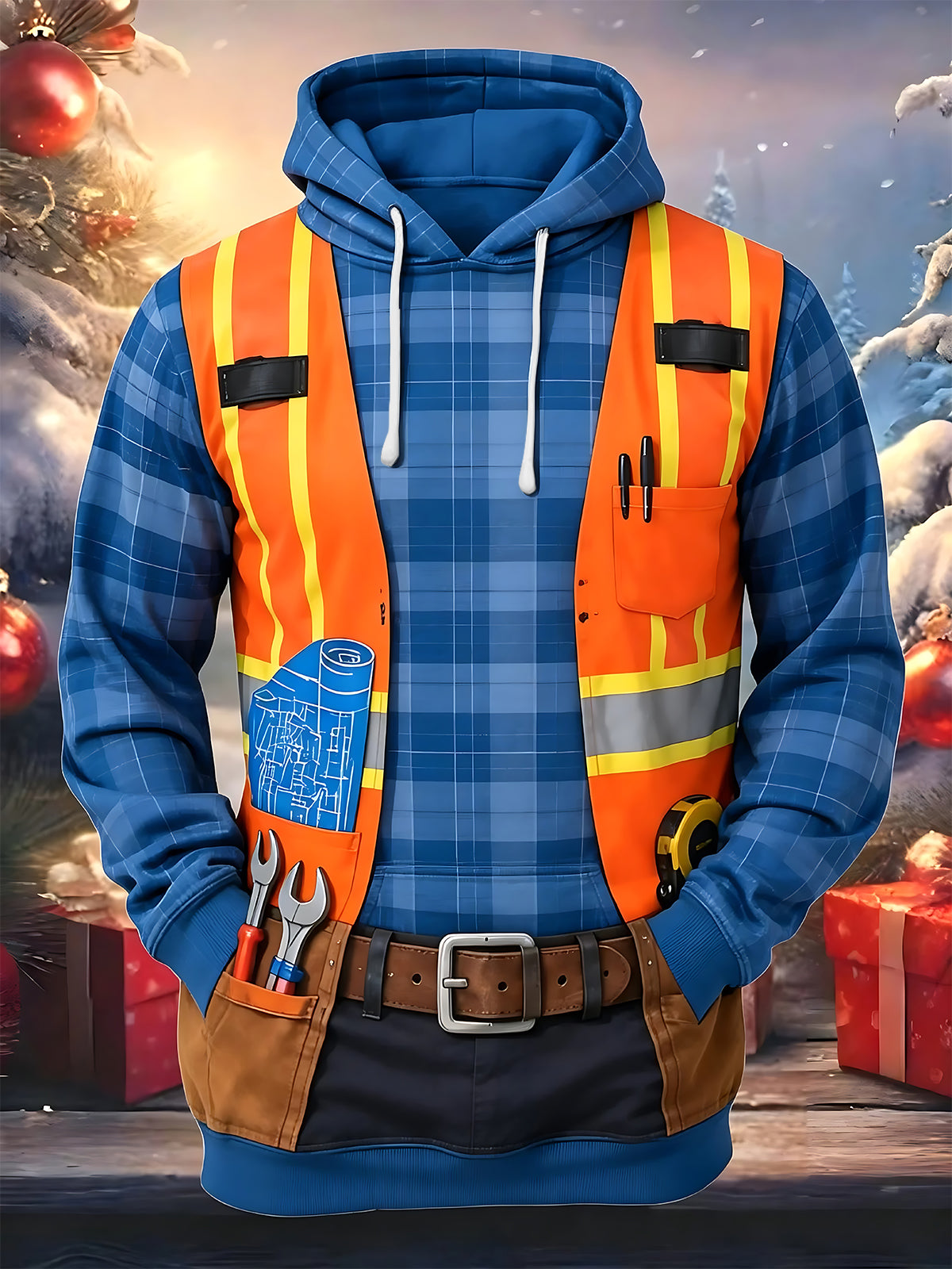 Adaychic Men's Graphic Construction Worker Print Long Sleeve Hoodie with Chest Pocket