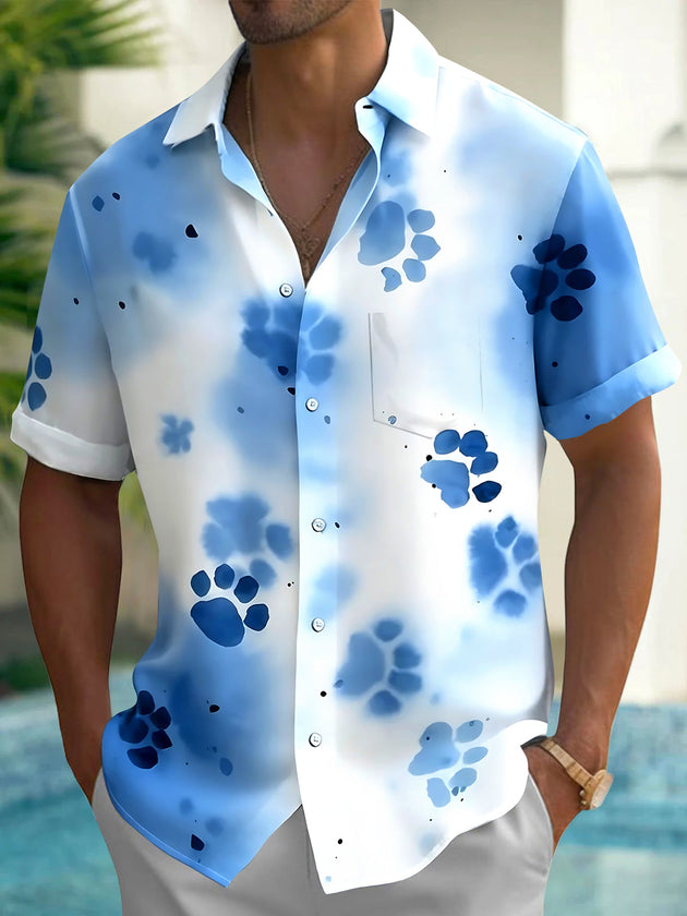 Adaychic Men's Tie Dye Blue Paw Print Tie Dye Pattern Short Sleeve Shirt with Chest Pocket