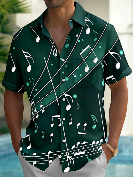 Adaychic Men's Graphic Music Notes Print Short Sleeve Shirt with Chest Pocket