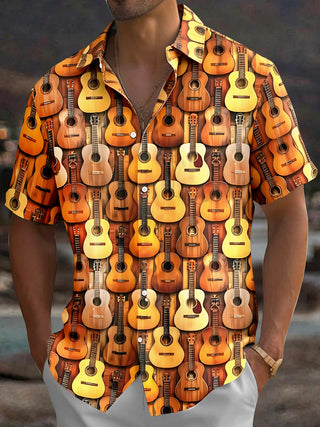 Adaychic Men's Hawaiian Acoustic Guitar Pattern Short Sleeve Shirt with Chest Pocket