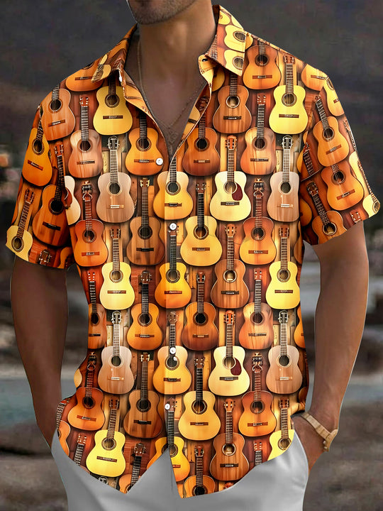 Adaychic Men's Hawaiian Acoustic Guitar Pattern Short Sleeve Shirt with Chest Pocket