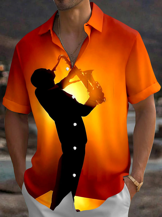 Adaychic Men's Hawaiian Acoustic Guitar Pattern Short Sleeve Shirt with Chest Pocket