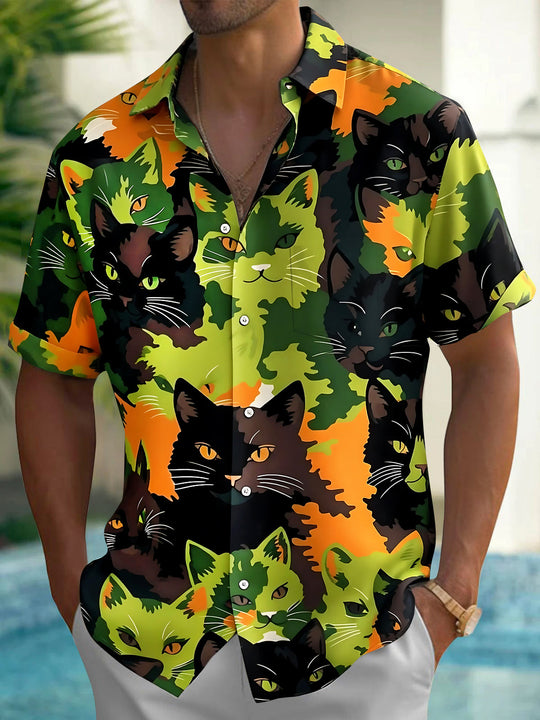 Adaychic Men's Hawaiian Cat Faces Print Camouflage Pattern Short Sleeve Shirt with Chest Pocket