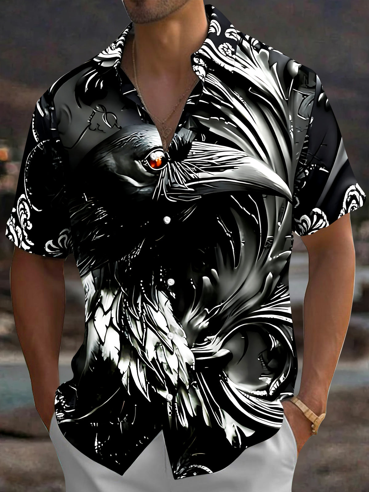 Adaychic Men's Graphic Crow Bird Print Short Sleeve Shirt with Chest Pocket