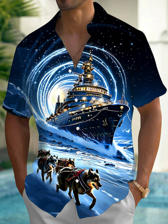 Adaychic Men's Graphic Cruise Ship Print Sled Dogs Print Short Sleeve Shirt with Chest Pocket