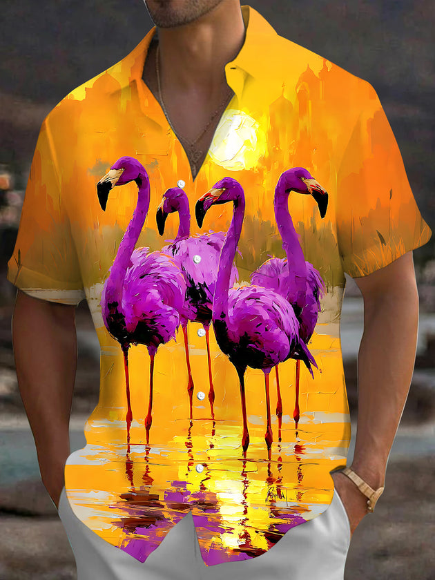 Adaychic Men's Hawaiian Flamingo Sunset Print Short Sleeve Shirt with Chest Pocket