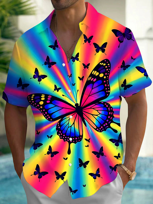 Adaychic Men's Graphic Rainbow Butterfly Print Short Sleeve Shirt with Chest Pocket
