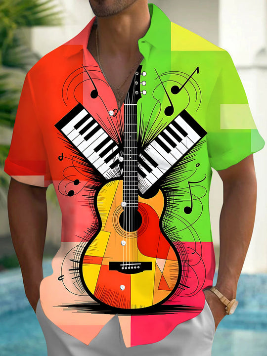 Adaychic Men's Graphic Guitar And Piano Keyboard Print Short Sleeve Shirt with Chest Pocket