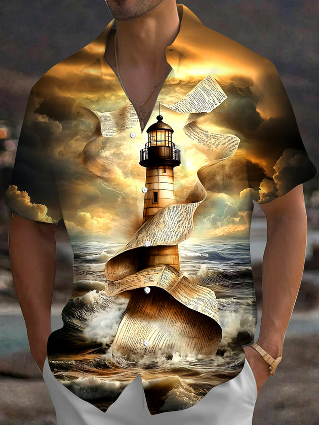 Adaychic Men's Graphic Lighthouse Print Ocean Waves Print Short Sleeve Shirt with Chest Pocket