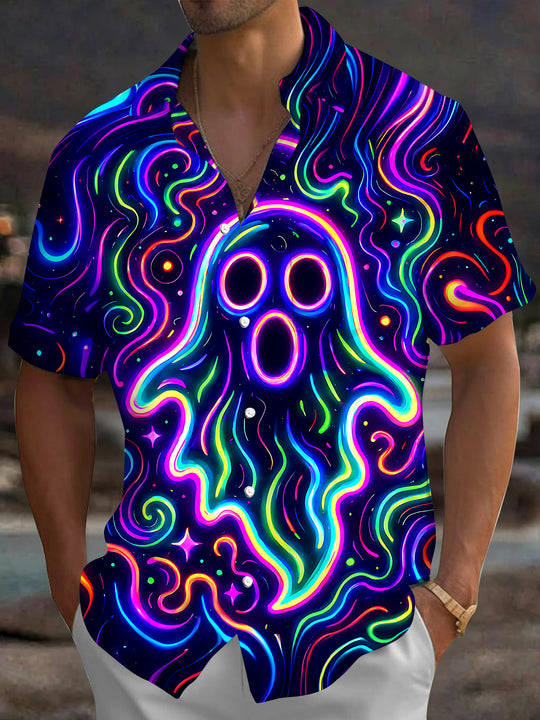 Adaychic Men's Graphic Neon Ghost Print Short Sleeve Shirt with Chest Pocket