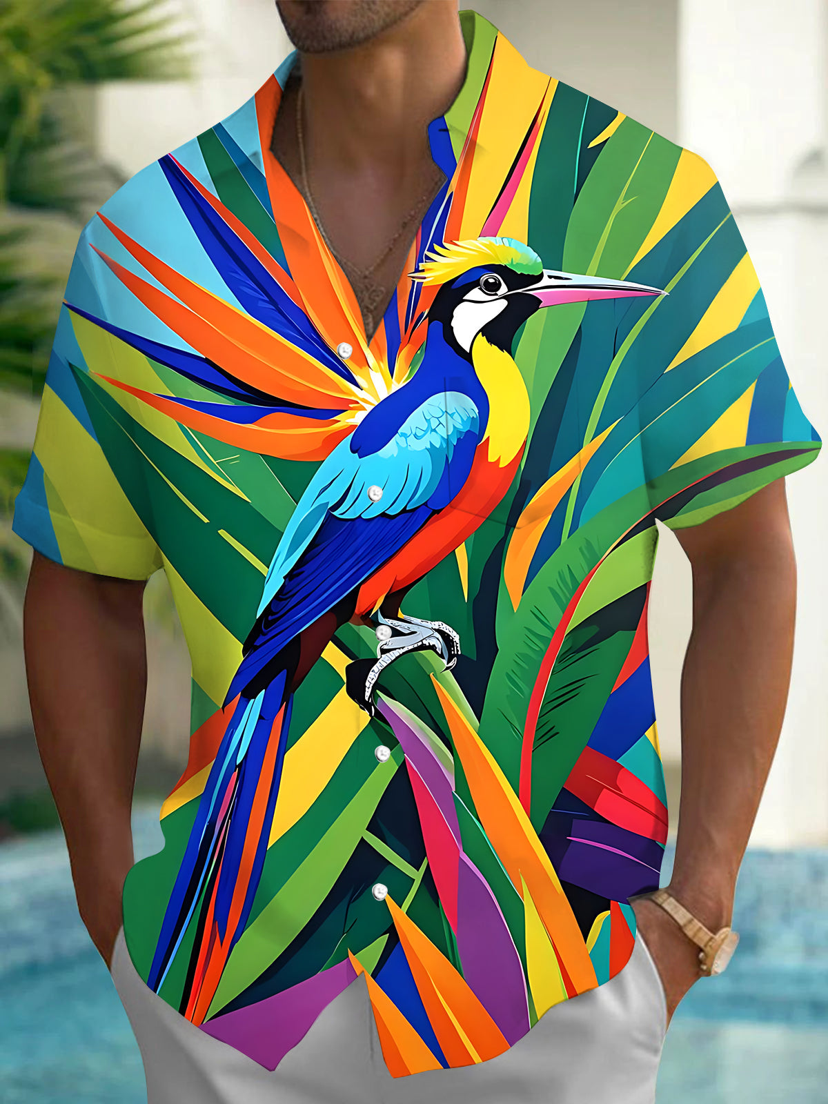 Adaychic Men's Hawaiian Bird Print Tropical Leaves Print Short Sleeve Shirt with Chest Pocket