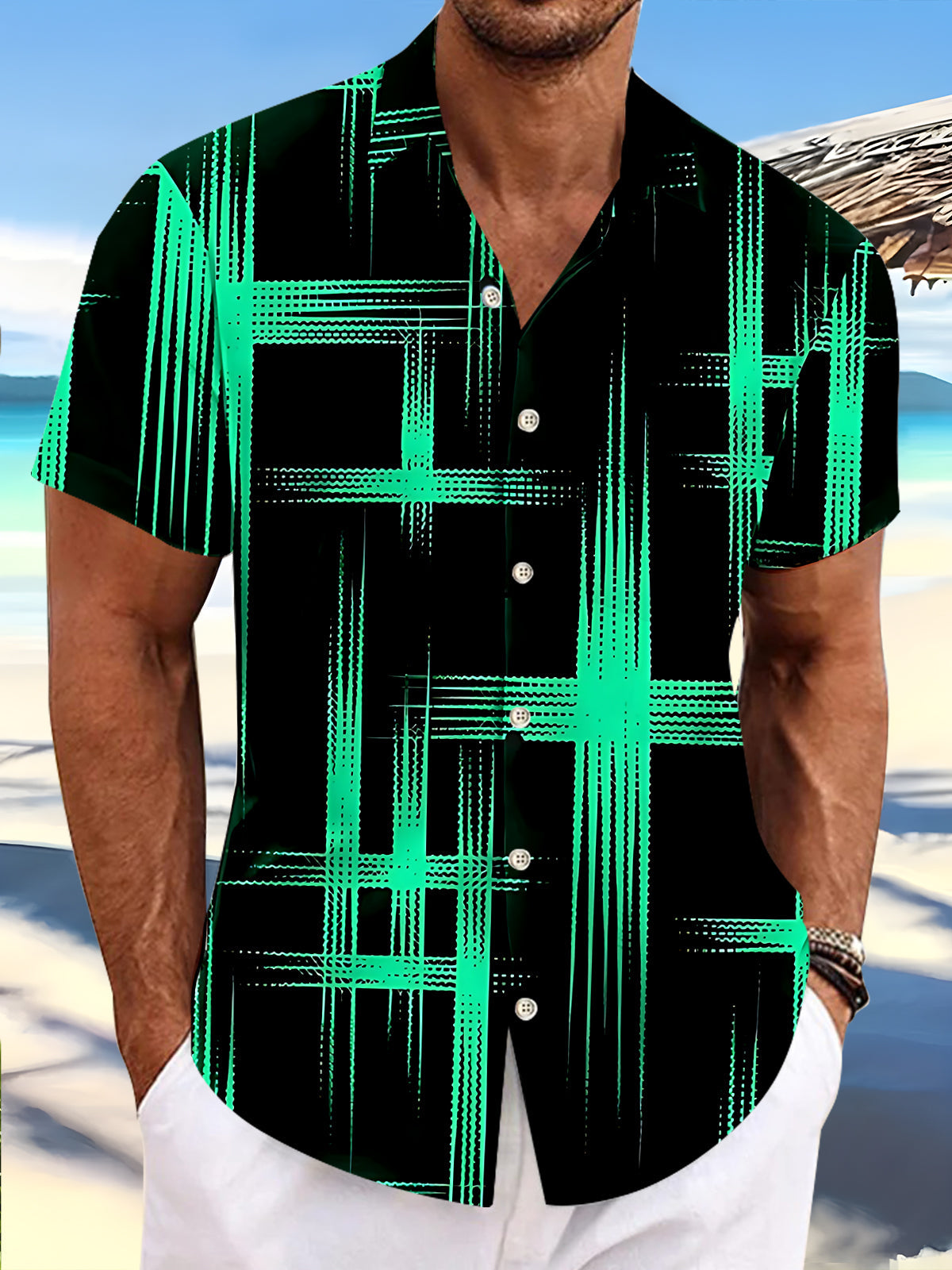 Adaychic Men's Hawaiian Geometric Grid Lines Print Short Sleeve Shirt with Chest Pocket