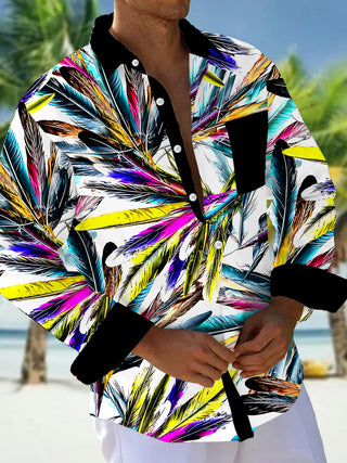 Adaychic Men's Graphic Colorful Feather Print Long Sleeve Shirt with Chest Pocket