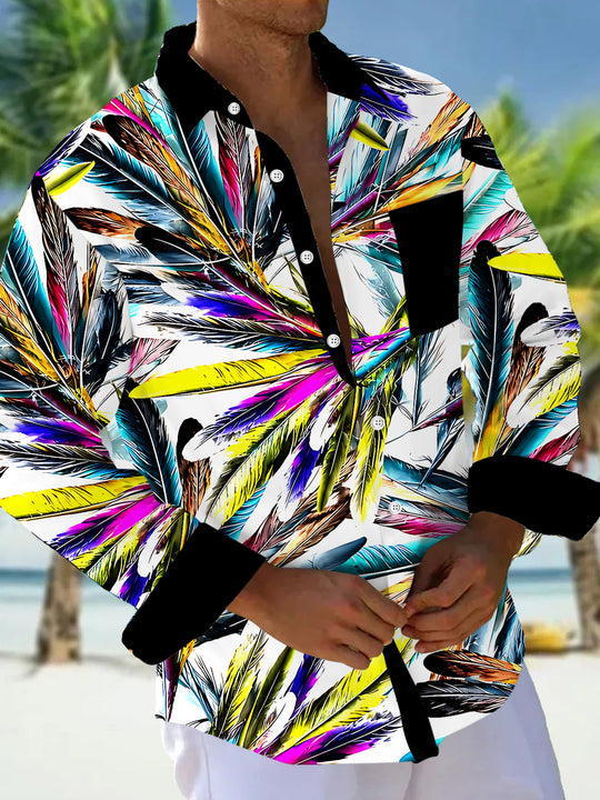 Adaychic Men's Graphic Colorful Feather Print Long Sleeve Shirt with Chest Pocket