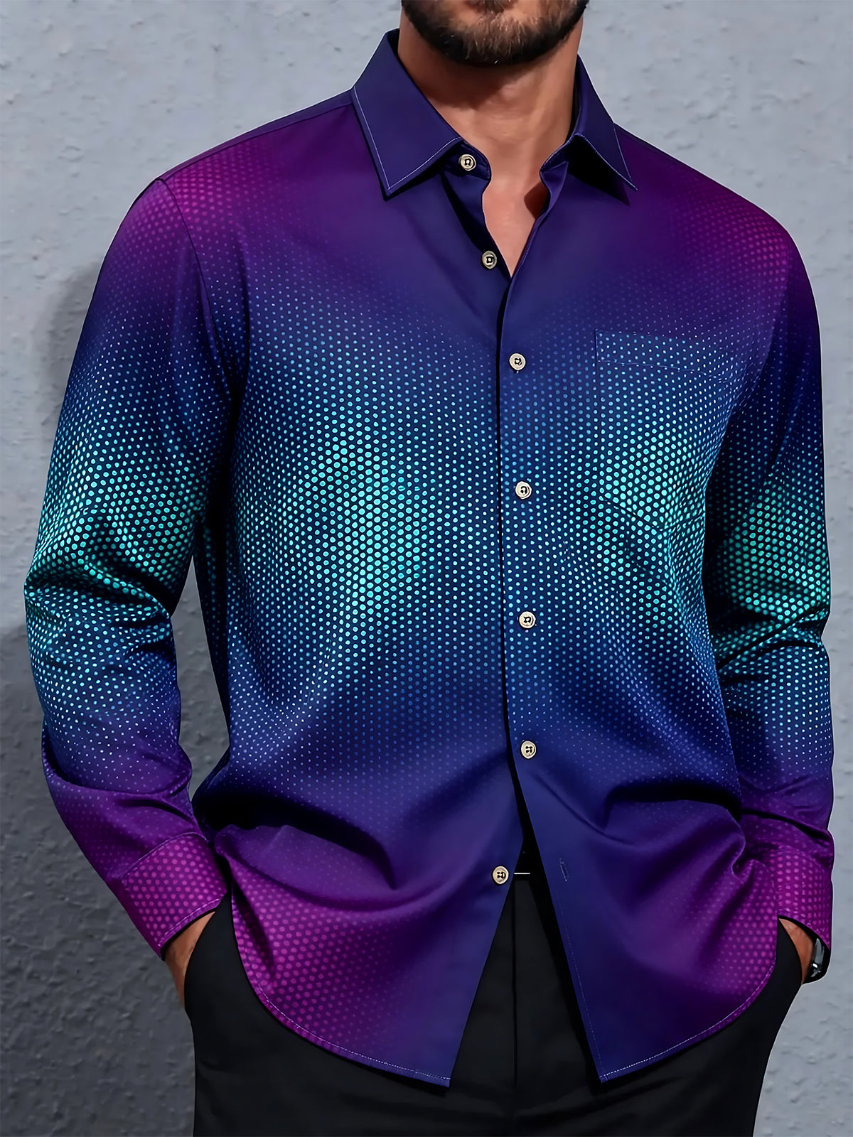 Adaychic Men's Printed Gradient Dot Pattern Long Sleeve Shirt with Chest Pocket