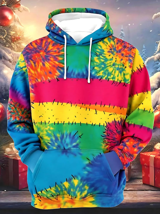 Adaychic Men's Striped Rainbow Tie Dye Print Long Sleeve Hoodie with Chest Pocket