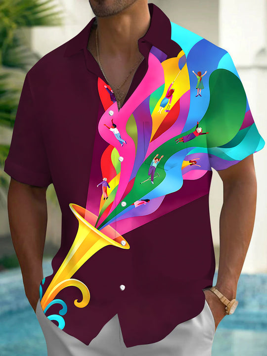 Adaychic Men's Trumpet With Colorful Abstract Waves Print Short Sleeve Shirt with Chest Pocket