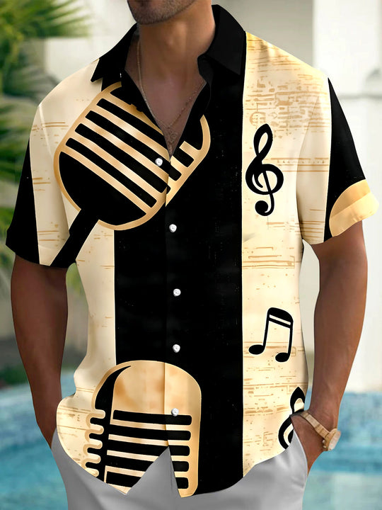 Adaychic Men's Vintage Style Vintage Microphone Print Short Sleeve Shirt with Chest Pocket