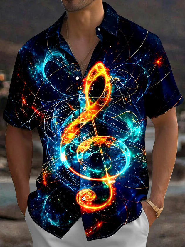 Adaychic Men's Hawaiian Neon Musical Note Print Short Sleeve Shirt with Chest Pocket