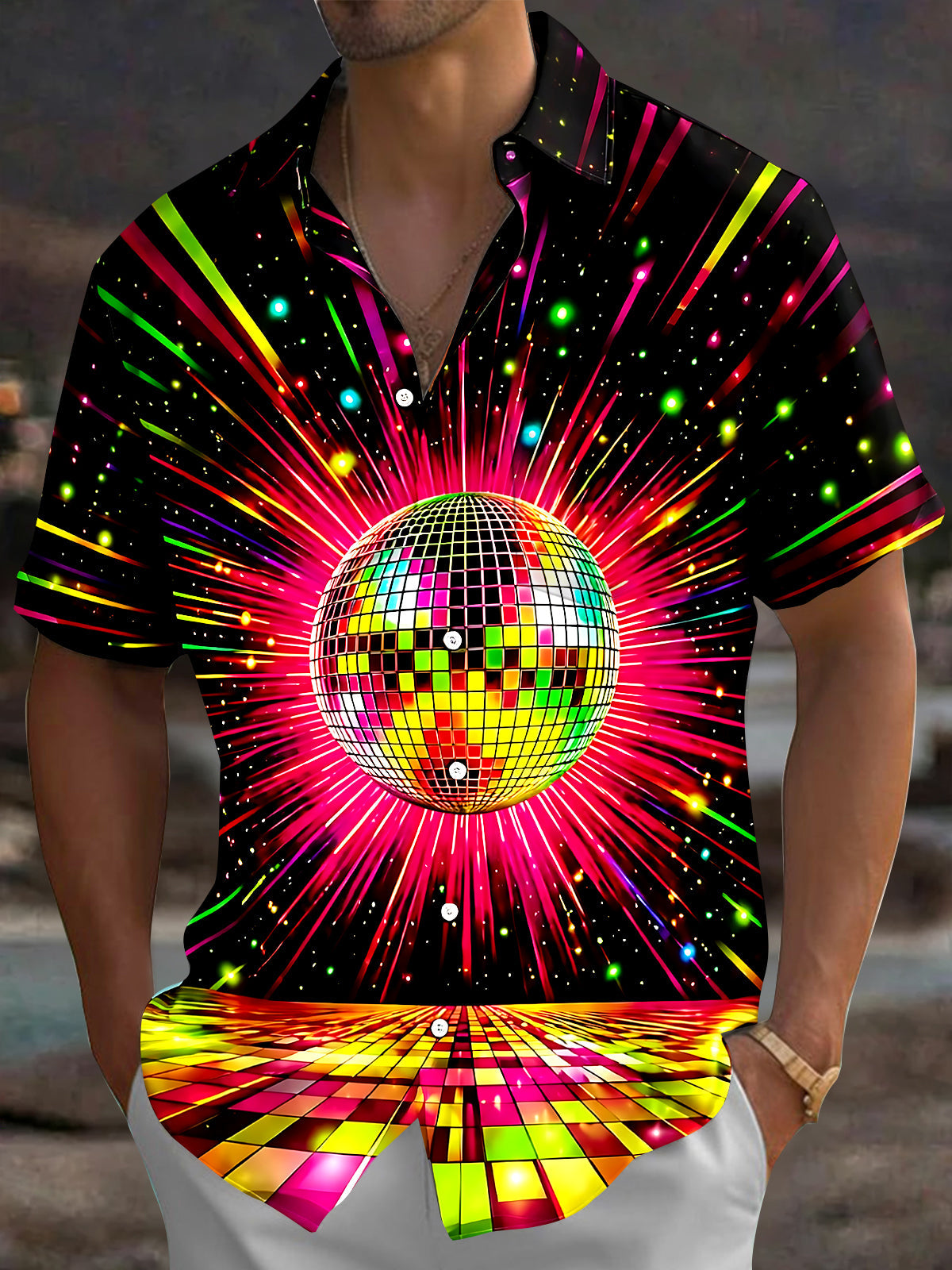 Adaychic Men's Retro Disco Ball Print Neon Light Rays Print Short Sleeve Shirt with Chest Pocket