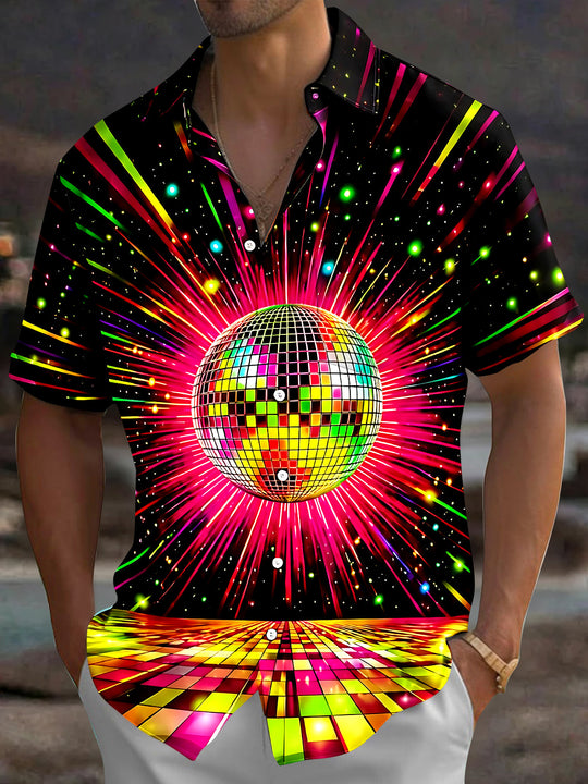 Adaychic Men's Retro Disco Ball Print Neon Light Rays Print Short Sleeve Shirt with Chest Pocket