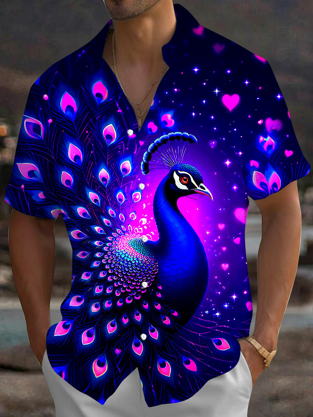 Adaychic Men's Hawaiian Neon Peacock Print Pink Hearts Print Short Sleeve Shirt with Chest Pocket