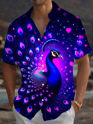 Adaychic Men's Hawaiian Neon Peacock Print Pink Hearts Print Short Sleeve Shirt with Chest Pocket