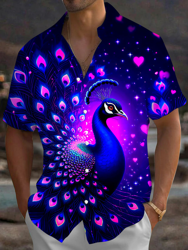 Adaychic Men's Hawaiian Neon Peacock Print Pink Hearts Print Short Sleeve Shirt with Chest Pocket