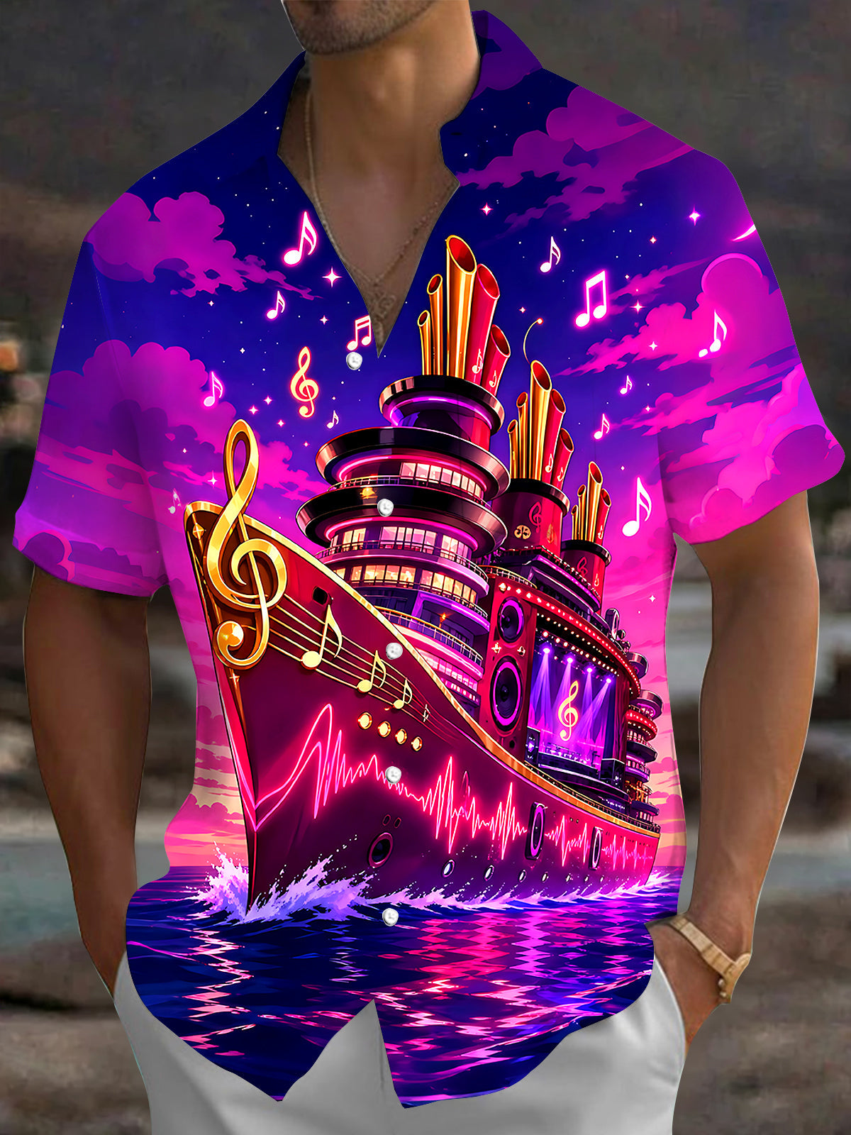 Adaychic Men's Graphic Music Cruise Ship Print Short Sleeve Shirt with Chest Pocket