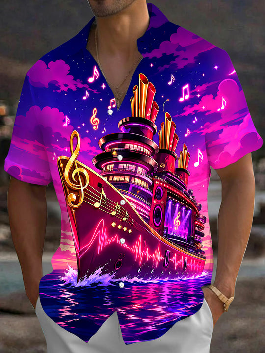 Adaychic Men's Graphic Music Cruise Ship Print Short Sleeve Shirt with Chest Pocket