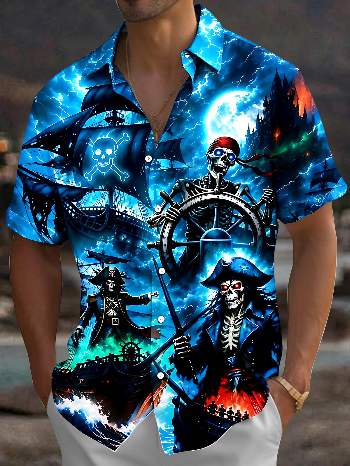 Adaychic Men's Graphic Hawaiian Style Print Short Sleeve Shirt with Chest Pocket