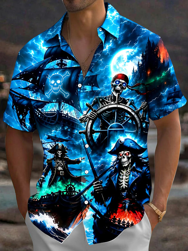 Adaychic Men's Graphic Hawaiian Style Print Short Sleeve Shirt with Chest Pocket